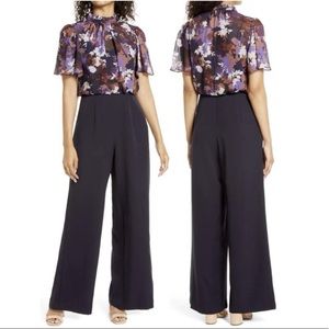 Julia Jordan Floral Chiffon Mock Neck Top, Wide Leg Pleated Trousers Jumpsuit